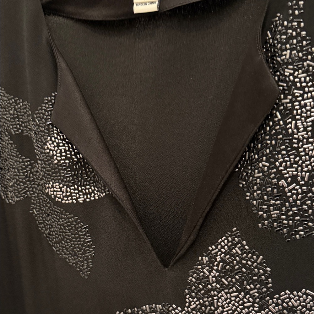 Diane Von Furstenberg Black V-Neck Shift Dress with Sparkling Floral Detail